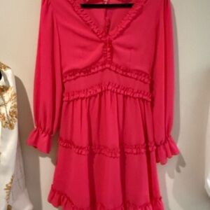 NWOT Hot Pink Ruffled Tiered Sundress with Bishop Sleeves, lined